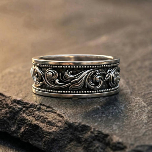Handmade Vintage Baroque Heraldic Band Ring crafted from solid 925 sterling silver featuring intricate royal-inspired scrollwork, medieval ornament details, and an elegant oxidized finish.
