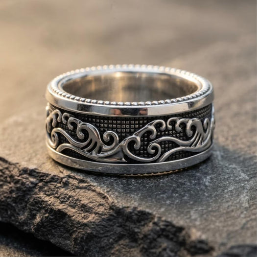 Handmade 925 Sterling Silver Ocean Waves Ring featuring detailed nautical wave engravings inspired by the beauty of the sea, coastal living, and maritime adventure.