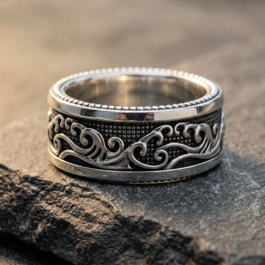 Handmade 925 Sterling Silver Ocean Waves Ring featuring detailed nautical wave engravings inspired by the beauty of the sea, coastal living, and maritime adventure.