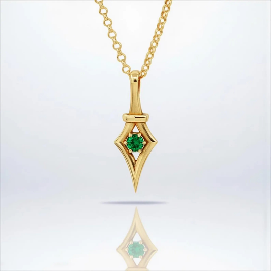 Victorian gothic emerald pendant necklace crafted from 18K gold plated 925 sterling silver featuring a rich green emerald birthstone in vintage inspired design