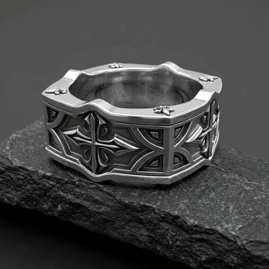 Gothic cross pattern sterling silver band ring for men featuring medieval heraldic lily fleur de lis design, handcrafted Christian religious jewelry with oxidized vintage finish