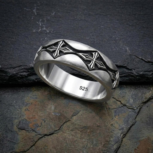 Handmade Gothic Cross Sterling Silver Wedding Band Ring for Men featuring a detailed Christian cross design, crafted from solid 925 sterling silver with an oxidized finish.