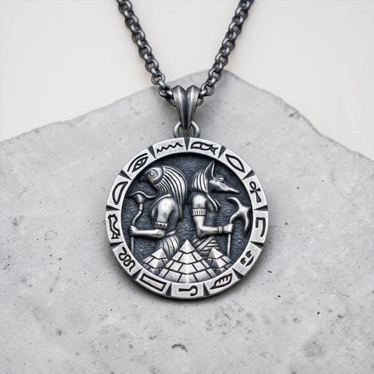 handcrafted anubis and horus sterling silver necklace egyptian mythology pendant bold masculine statement jewelry gift for him