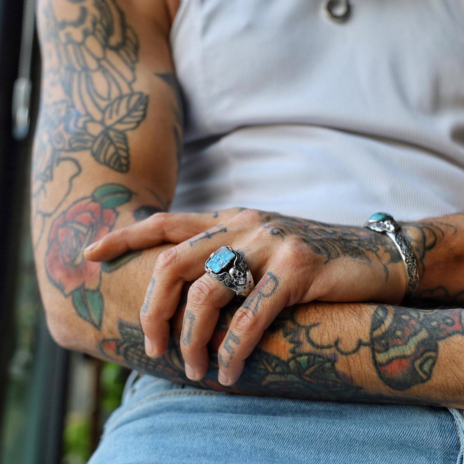 A bold gothic skull ring for men, designed with Harley Davidson aesthetics and biker energy in mind. The turquoise gemstone adds a vibrant natural element, while the handcrafted silverwork reflects high attention to detail. This ring is ideal for anyone seeking a masculine, spiritual, and rebellious piece of jewelry that carries meaning, presence, and power in every curve and corner.