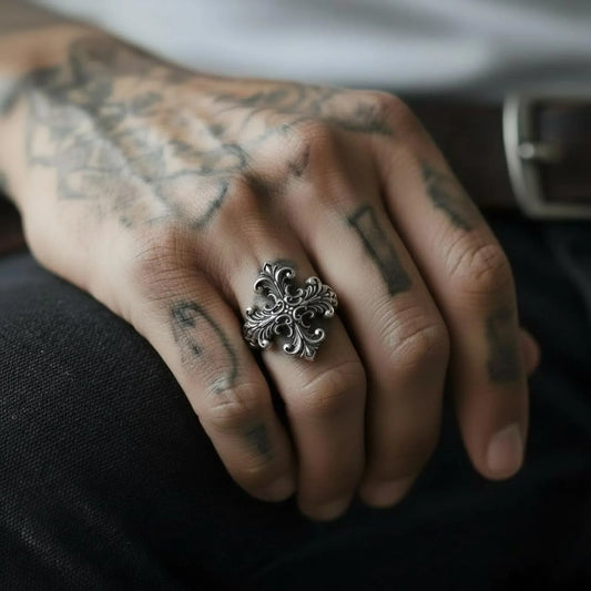 Men’s Christian statement ring crafted in solid 925 sterling silver with ornate baroque cross engravings and oxidized finish