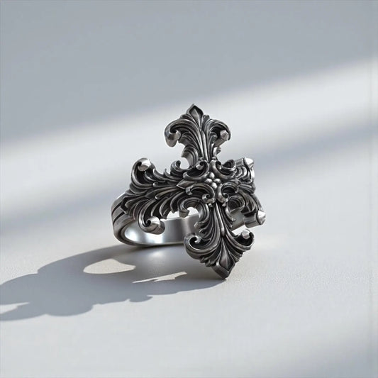 Handmade sterling silver baroque cross ring for men featuring detailed engraved Christian faith symbols and bold gothic design