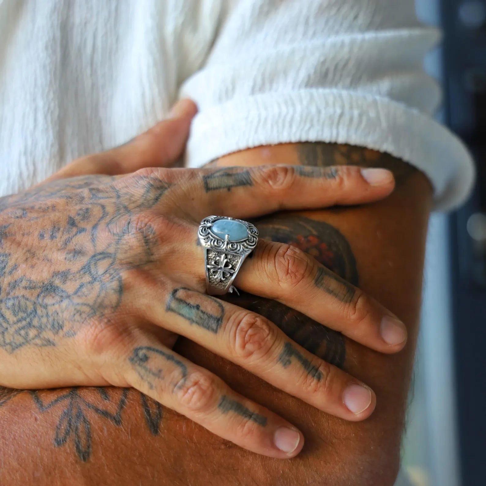 Men’s aquamarine birthstone ring handmade in sterling silver with gothic and vintage elements. Rich textures, oxidized finish, and a noble blue stone create a timeless, masculine design. Perfect for fantasy fans, Harley Davidson riders, or anyone seeking a unique silver ring gift for him.