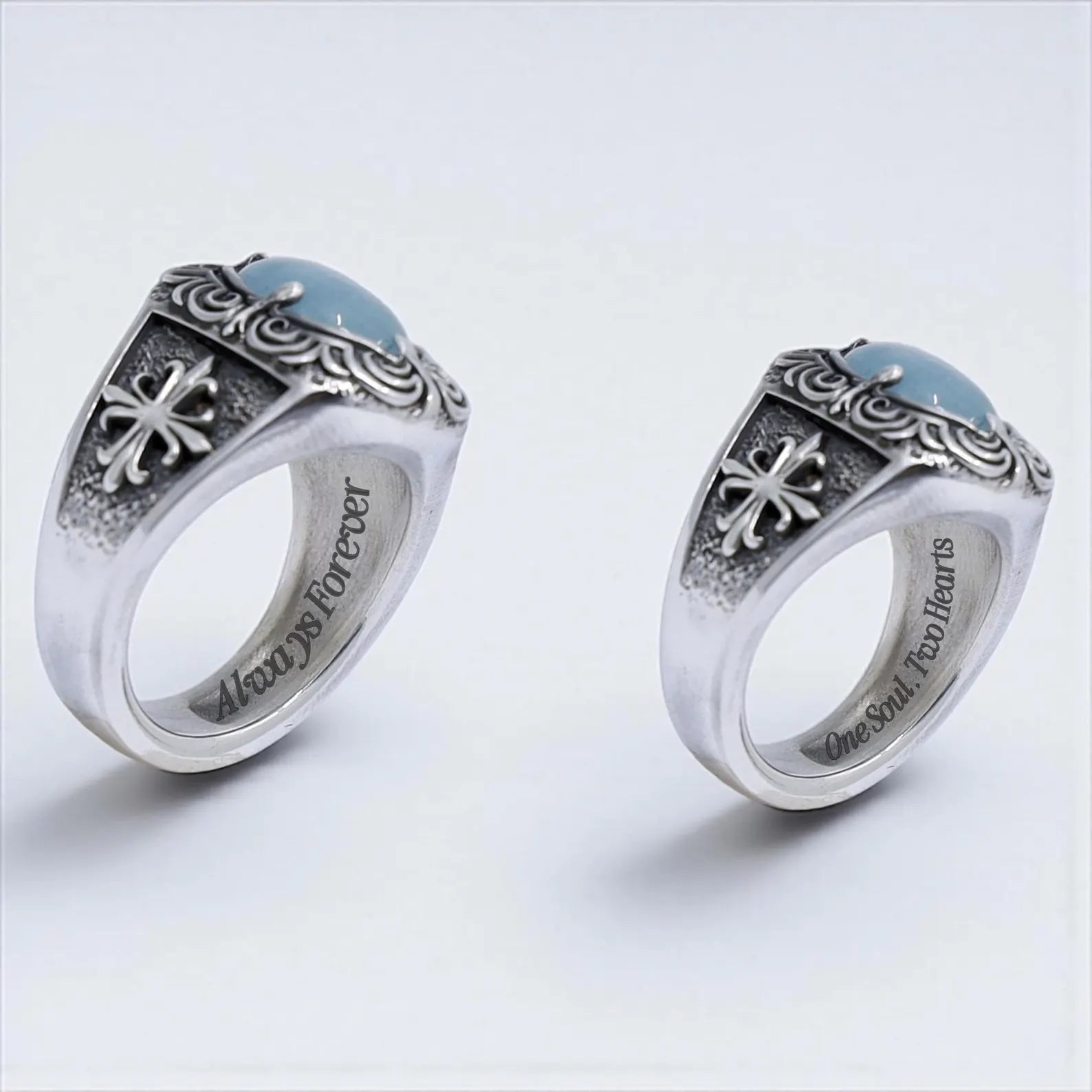 A gothic men's ring with aquamarine centerpiece set in oxidized sterling silver, accented with medieval engravings and cross detailing. Designed for men who appreciate vintage-inspired, handcrafted jewelry. Ideal for Pinterest boards featuring bold gifts for him or aquamarine-themed collections.