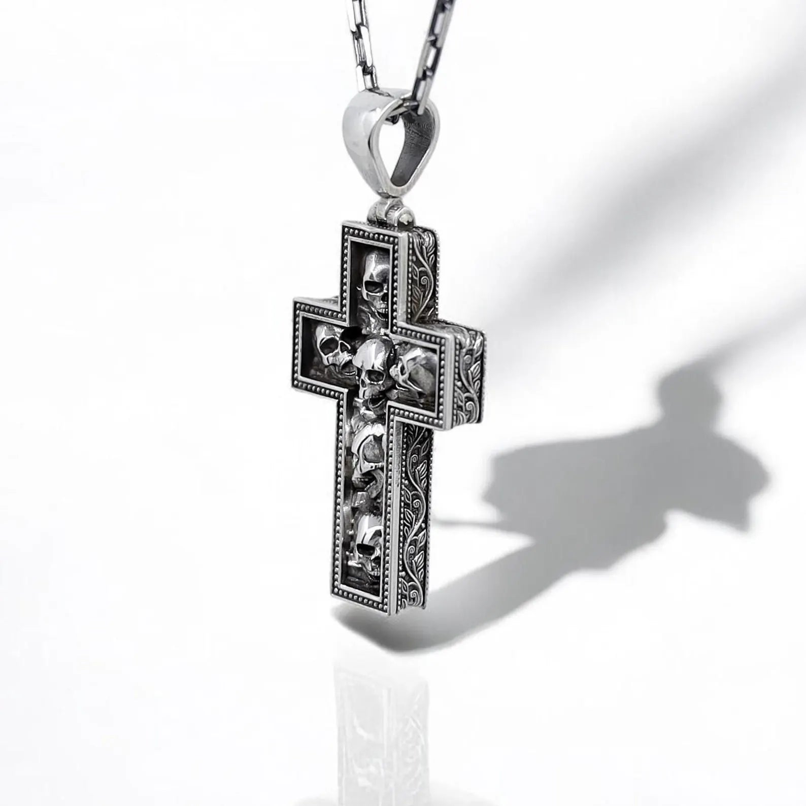 Gothic Sterling Silver Skull Cross Necklace for Men Biker