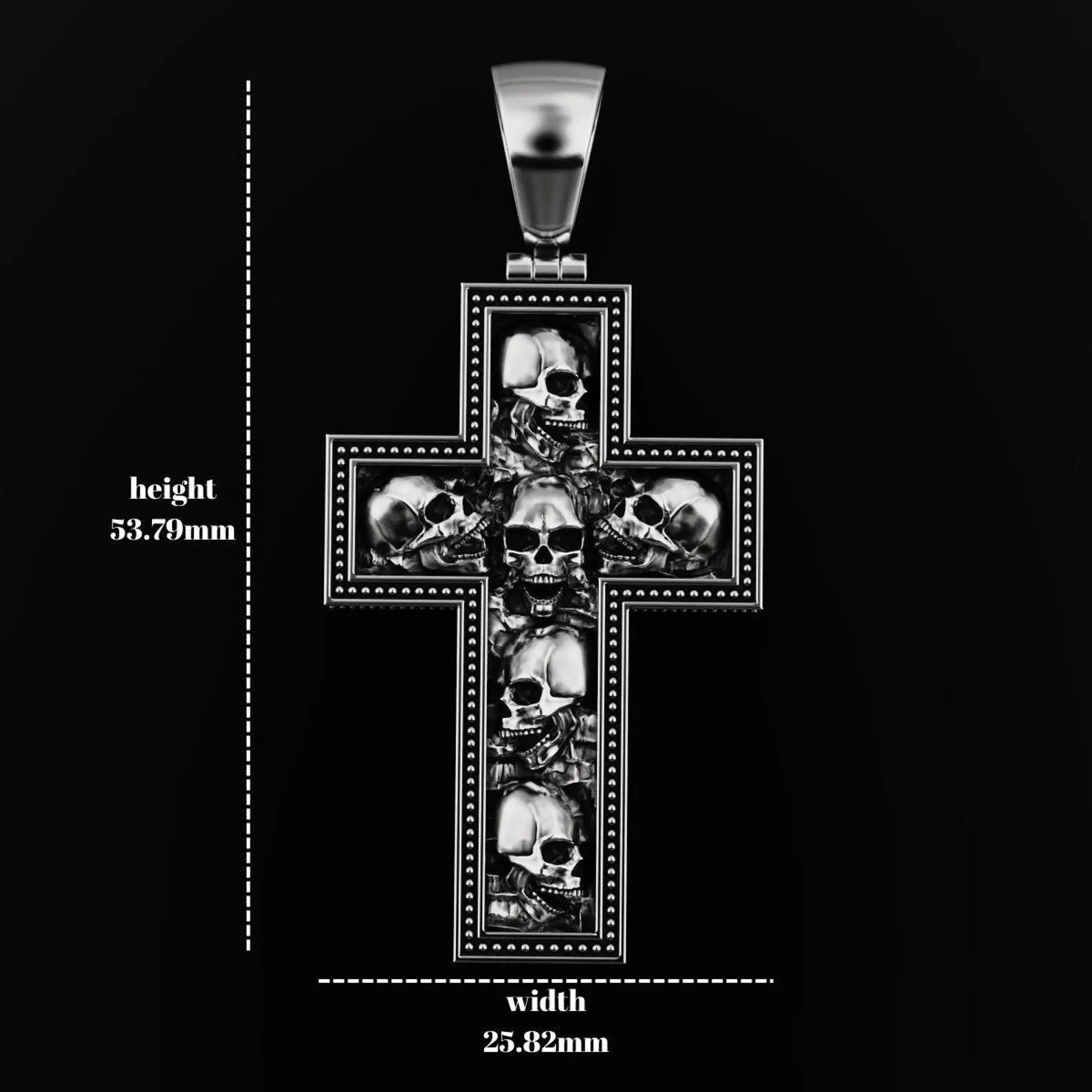 Men’s sterling silver cross pendant featuring multiple skulls, blending gothic style with biker fashion. Ideal for concerts, rides, and bold streetwear looks. A durable and unique piece for those with fearless style.