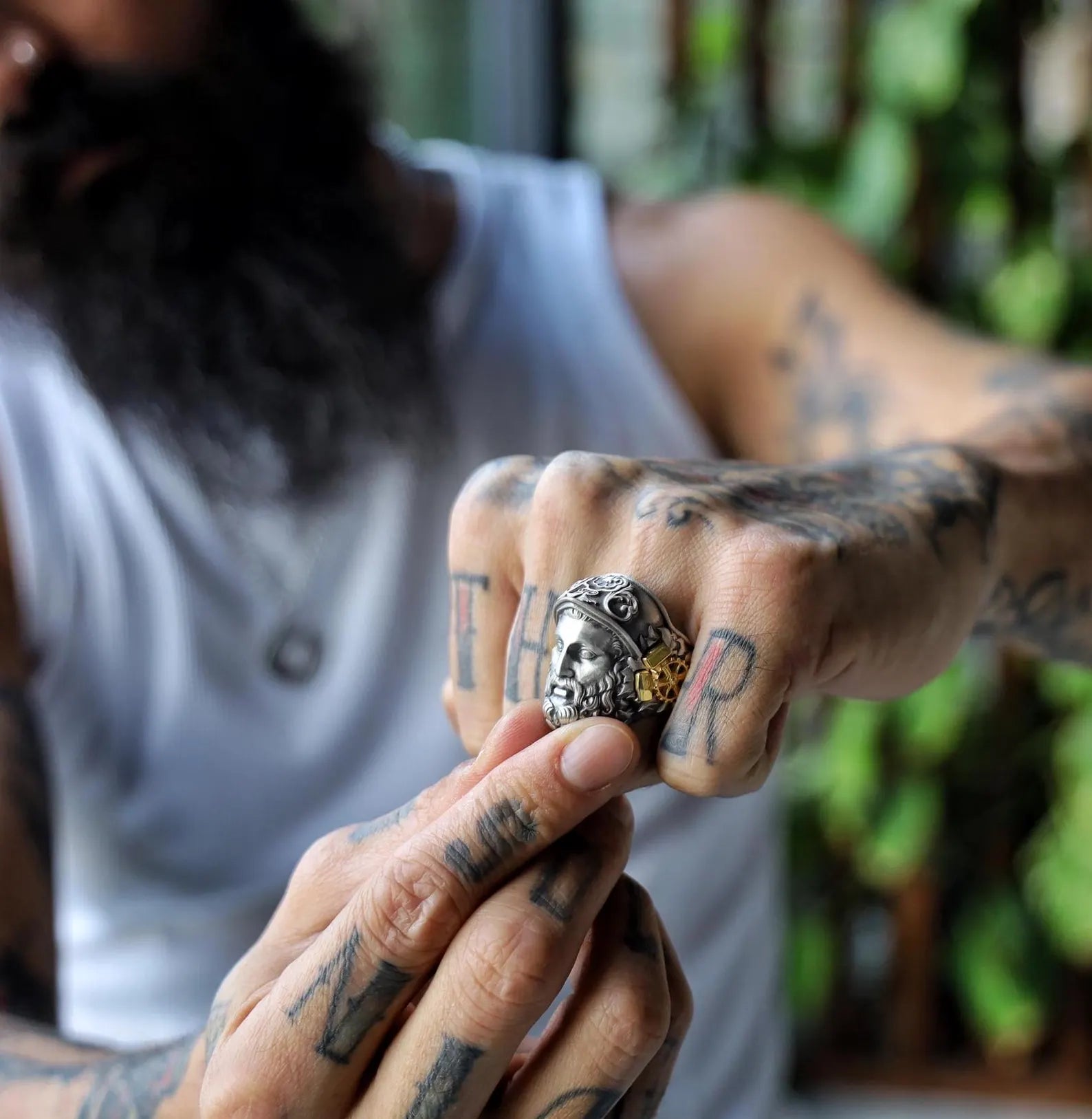 Bold and powerful, this handcrafted Greek god Hephaestus ring for men is an unforgettable piece of statement jewelry. Designed with mythological precision and plated in rich 14K gold, it serves as the ultimate symbol of strength, resilience, and divine inspiration. A perfect gift for him or a personal heirloom ring.