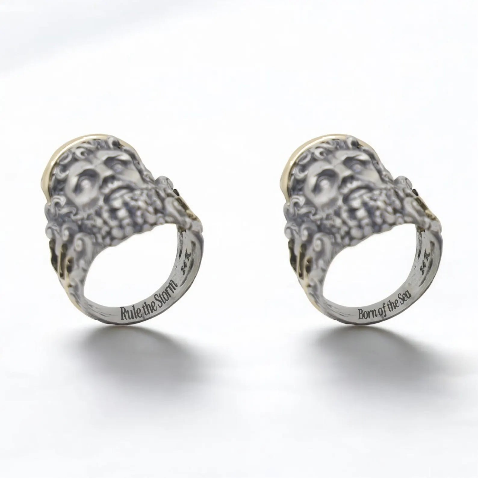 A majestic Poseidon-themed men's ring made with 21 grams of sterling silver and 2.3 grams of genuine 14K gold, showcasing detailed hand-engraved sea god symbols. This one-of-a-kind piece blends the grandeur of ancient Greek mythology with bold, contemporary masculine design. Its impressive size and custom-fit options reflect attention to comfort and individuality. Ideal for men seeking meaning in their accessories—this ring stands for resilience,