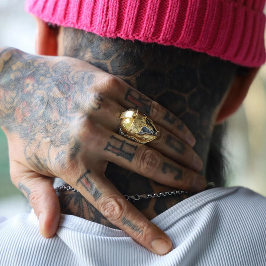Close-up of this handcrafted 14K gold plated Spartan warrior ring for men, showcasing the detailed Greek warrior motif that exudes strength and resilience. This mythology-inspired men’s ring blends ancient style with modern craftsmanship, making it an ideal choice for those who love unique statement rings with a timeless warrior appeal.