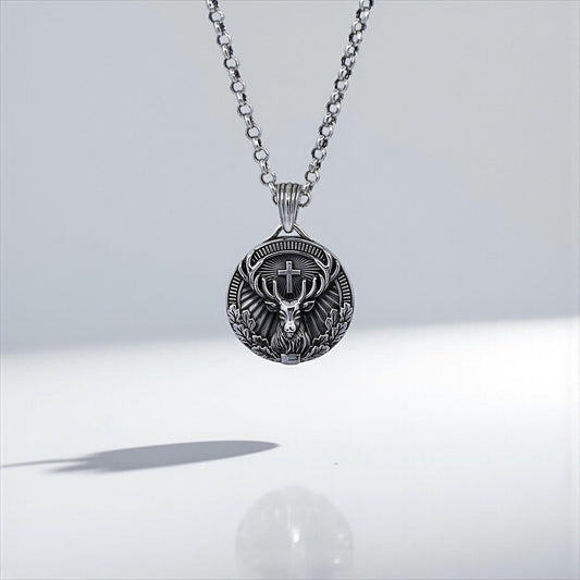 Handcrafted sterling silver St. Hubertus pendant necklace featuring a detailed deer and cross design, symbolizing faith and nature in perfect harmony; ideal for men seeking spiritual and elegant accessories.