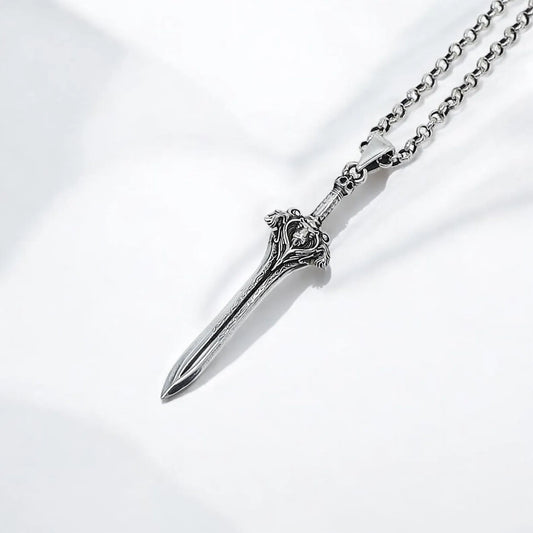 Handcrafted sterling silver medieval sword pendant necklace with leon head detailing, symbolizing strength, bravery, and honor. This 925K gothic necklace is a bold fashion statement and a meaningful gift for warriors at heart and lovers of fantasy style.