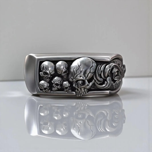 Handcrafted 925 sterling silver jawless skull ring with intricate baroque floral pattern, gothic memento mori biker jewelry for men, oxidized finish, bold masculine statement ring symbolizing mortality and inner strength