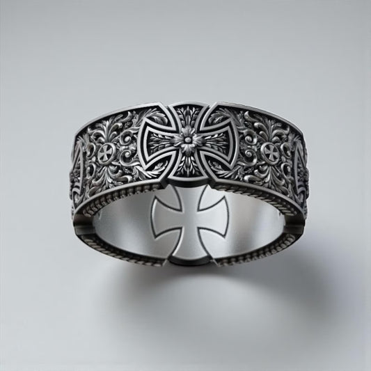 Handcrafted Maltese Templar cross band ring for men made from solid sterling silver bold Christian faith jewelry masculine religious statement piece