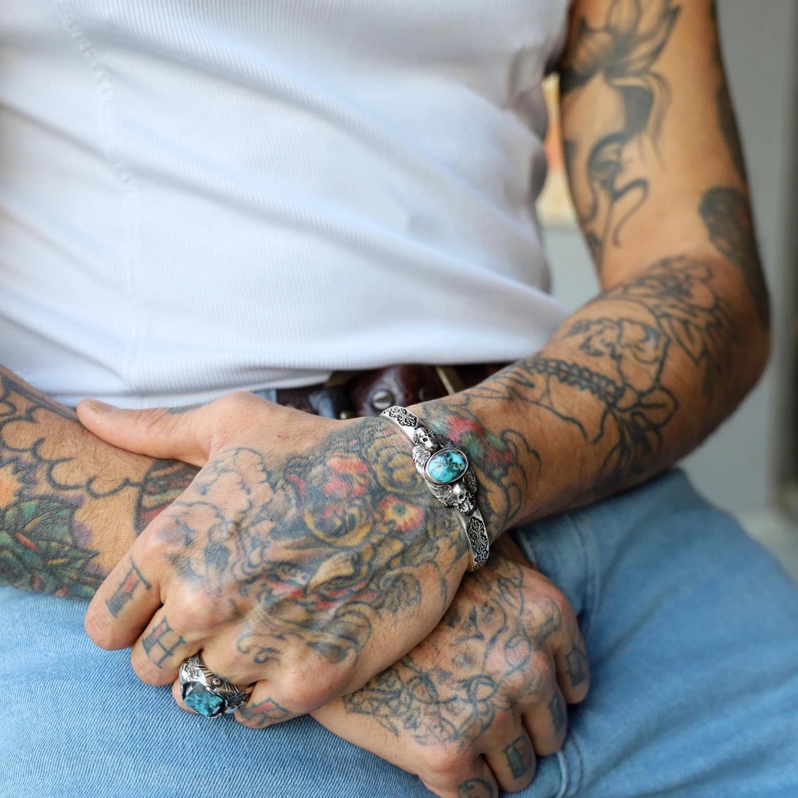 Styled on the wrist, this mens gothic skull silver cuff bracelet with turquoise stone captures the perfect balance of rugged masculinity and gothic elegance. Handcrafted for both style and comfort, it’s a bold statement accessory for modern men who love to blend alternative fashion with timeless design and spiritual meaning.