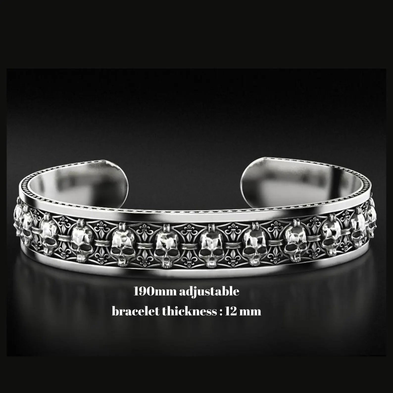 Unique angle of this men’s gothic silver skull cuff bracelet, capturing the rugged biker vibes and medieval charm of the design. Handcrafted with precision, this bracelet exudes strength and gothic elegance, making it a standout piece for any man who loves alternative fashion and striking jewelry.