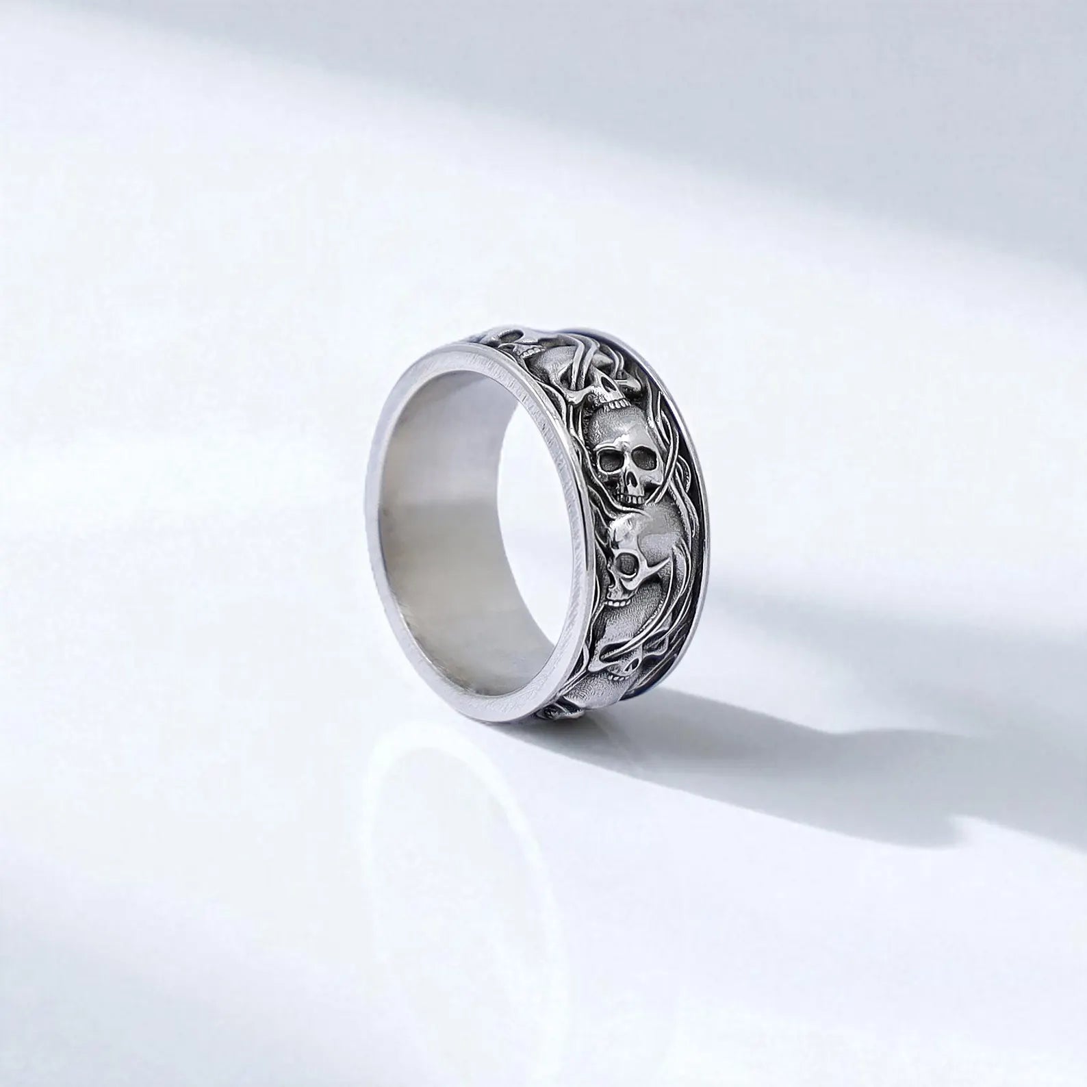 MENDEL Stainless Steel Gothic Skull Ring For Men - Biker Style, Sizes 7-14, Silver Tone, Punk Motorcycle Theme
