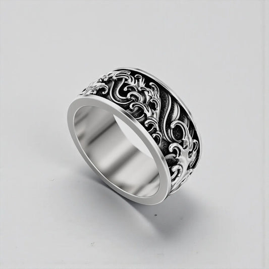 Nautical ocean waves band ring for men handcrafted from 925 sterling silver with engraved sea wave design and oxidized finish