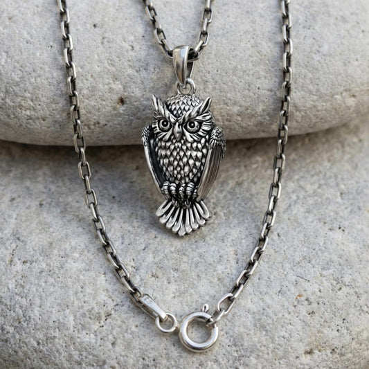 handcrafted sterling silver owl pendant necklace unique mystical bird jewelry symbolic wisdom animal lover gift for men and women