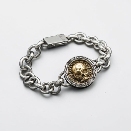 Biker skull chain bracelet for men in solid 925 sterling silver with bronze skull detail, bold gothic statement jewelry