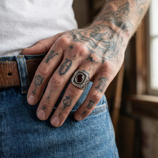 Handmade gothic signet ring for men with red garnet birthstone, bold baroque engraved design in oxidized sterling silver dark style jewelry