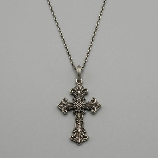 handcrafted sterling silver gothic ornamental cross pendant necklace medieval royal lily fleur de lis christian jewelry bold masculine statement piece