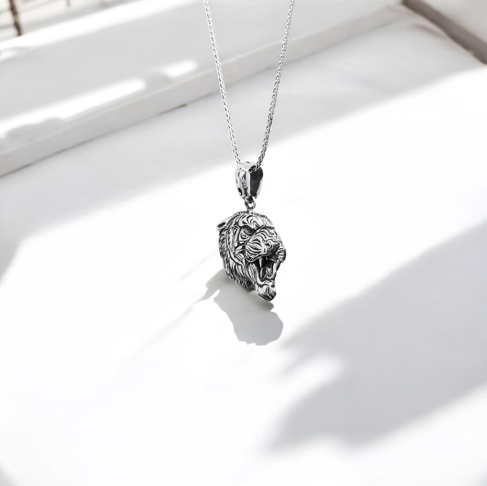 Unique handcrafted silver tiger necklace for men, ideal as a birthday, anniversary, or graduation gift for husband, boyfriend, or son. Custom engraving available on the back to personalize with a name, date, or meaningful symbol—creating a one-of-a-kind keepsake that expresses strength, love, and personal significance.