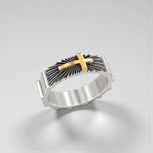 Handcrafted sterling silver wedding band ring with gold cross detail, featuring a bold religious design and oxidized finish for a masculine statement look