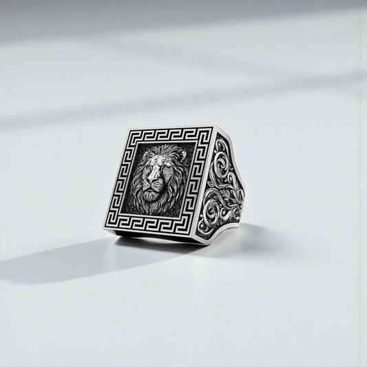 Handcrafted sterling silver Royal Lion ring for men with oxidized medieval design, bold statement warrior jewelry, fantasy gothic animal motif