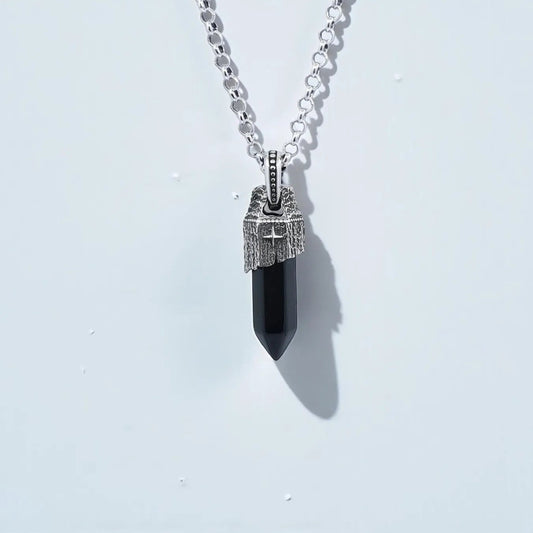 Handcrafted 925 sterling silver obsidian pendant necklace for men featuring a natural black obsidian stone set in a vintage-inspired oxidized silver frame with compass details. This spiritual talisman necklace symbolizes grounding and protection, making it a meaningful personalized gift for Christmas, anniversaries, or birthdays.