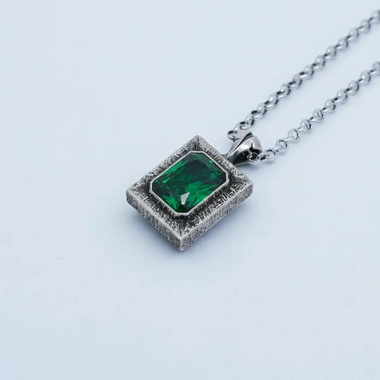 Handcrafted chunky sterling silver emerald birthstone pendant necklace for men, featuring a bold 20mm vintage-inspired design with a 16x12 emerald gemstone, polished and oxidized finish, luxury personalized jewelry by 4BestBrand.