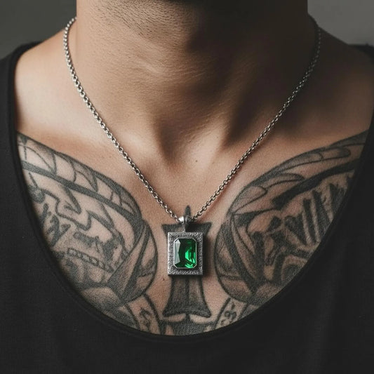 Luxury men’s emerald necklace made from high-quality 925 sterling silver, showcasing a thick, statement-style handcrafted pendant with emotional balance symbolism, perfect for personalized anniversary and Christmas gifts.