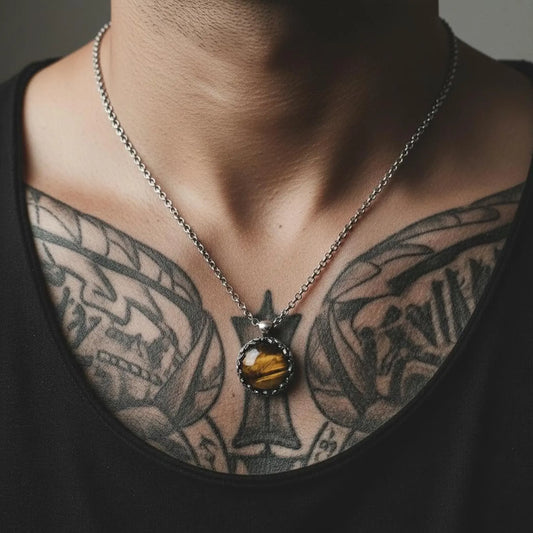Handcrafted 925 sterling silver tiger eye pendant necklace featuring a natural golden-brown gemstone set in an ornate baroque leaf design, perfect for men seeking a bold, vintage-inspired statement necklace with protective spiritual energy.