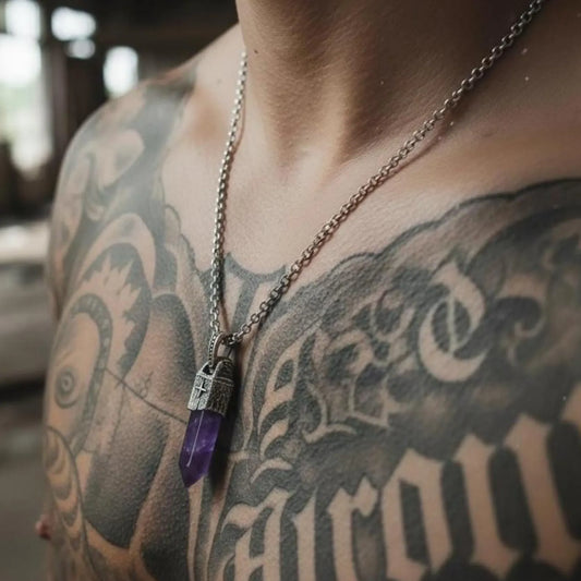 High-resolution image of a men’s nautical amethyst talisman necklace, showcasing fine handcrafted sterling silver work, spiritual symbolism, and a polished purple gemstone with vintage maritime aesthetics.