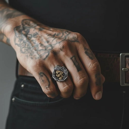 Premium sterling silver skull and eagle ring with intricate gothic detailing, blending fierce eagle symbolism and skull imagery into a striking handcrafted statement ring.