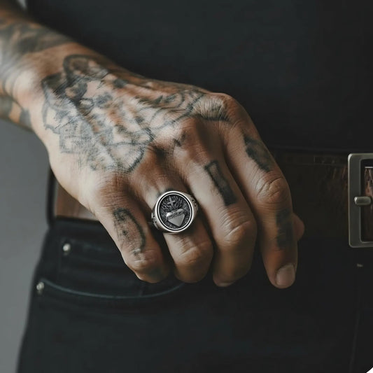 Christian jewelry ring for men with Sacred Heart of Jesus and cross motif, 925 sterling silver handcrafted religious ring, meaningful faith symbol gift for husband or boyfriend