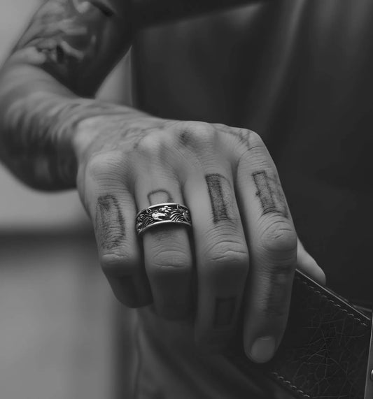 Sterling silver Viking wolf ring for men with oxidized finish, Norse mythology inspired spirit jewelry representing freedom, instinct and fearless warrior energy