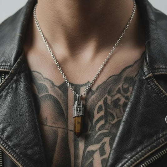 Bold sterling silver tiger’s eye gemstone pendant necklace with oxidized finish and vintage compass detail, symbolizing strength, protection, and direction