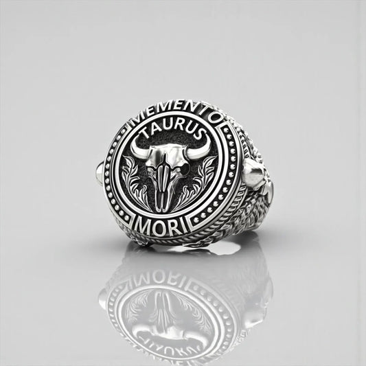 Handcrafted Memento Mori Taurus ring made from 925 sterling silver, featuring a bold bull skull design symbolizing strength, mortality, and zodiac power, perfect for men who love gothic biker jewelry.