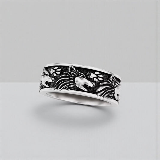 Handcrafted Viking wolf band ring for men made from 925 sterling silver, featuring detailed wolf motifs symbolizing strength, courage, loyalty and protection, bold warrior spirit jewelry