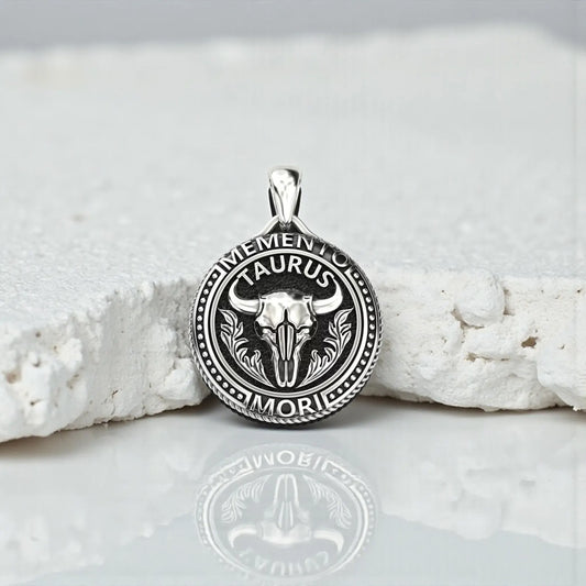 Gothic Taurus zodiac pendant necklace crafted in solid 925 sterling silver featuring a bold memento mori bull symbol, designed as a powerful statement jewelry piece for men and unisex wear