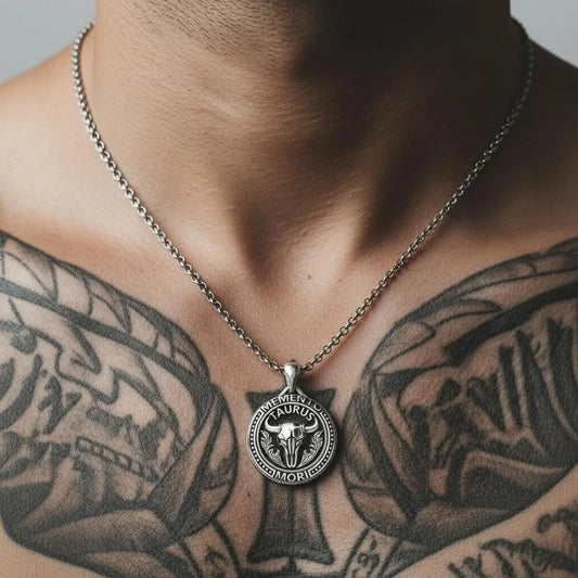 Memento mori Taurus bull pendant necklace in oxidized sterling silver, symbolizing strength, resilience, grounding energy, and zodiac pride with a dark gothic biker aesthetic