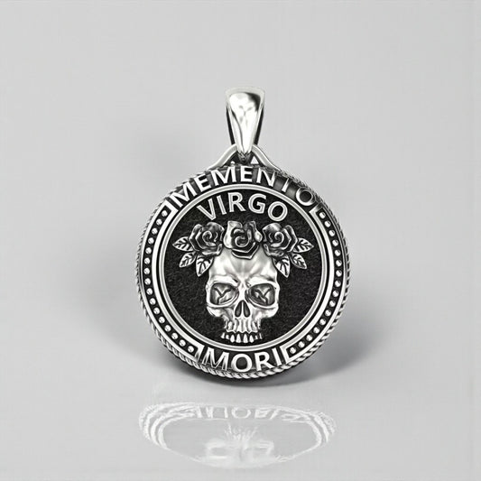 Virgo zodiac memento mori skull pendant necklace crafted in 925 sterling silver, gothic horoscope jewelry for men, oxidized finish, symbolic skull design representing life, death, wisdom and spiritual awareness