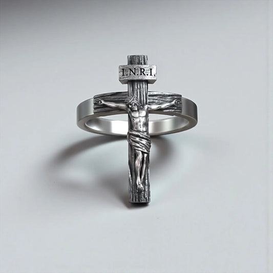 Jesus Christ Crucifix Cross Ring crafted from 925 sterling silver, featuring an INRI crucifix design with oxidized finish, handmade Christian religious ring for men and unisex faith-based jewelry lovers