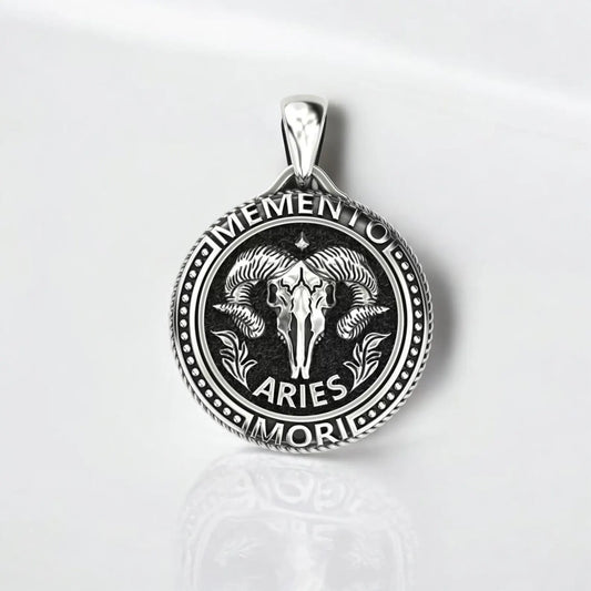Gothic Aries zodiac pendant necklace crafted in 925 sterling silver, featuring a detailed Memento Mori goat symbol with oxidized gothic finish, bold masculine astrology jewelry for men and unisex wear.