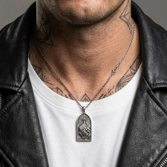 Unique INRI cross necklace made from solid sterling silver featuring sacred inscription and bold masculine design, perfect Christian jewelry gift