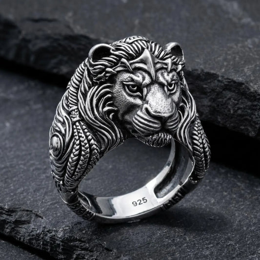 Handcrafted 925 sterling silver lion king ring for men featuring a bold lion head design symbolizing strength, power, and leadership